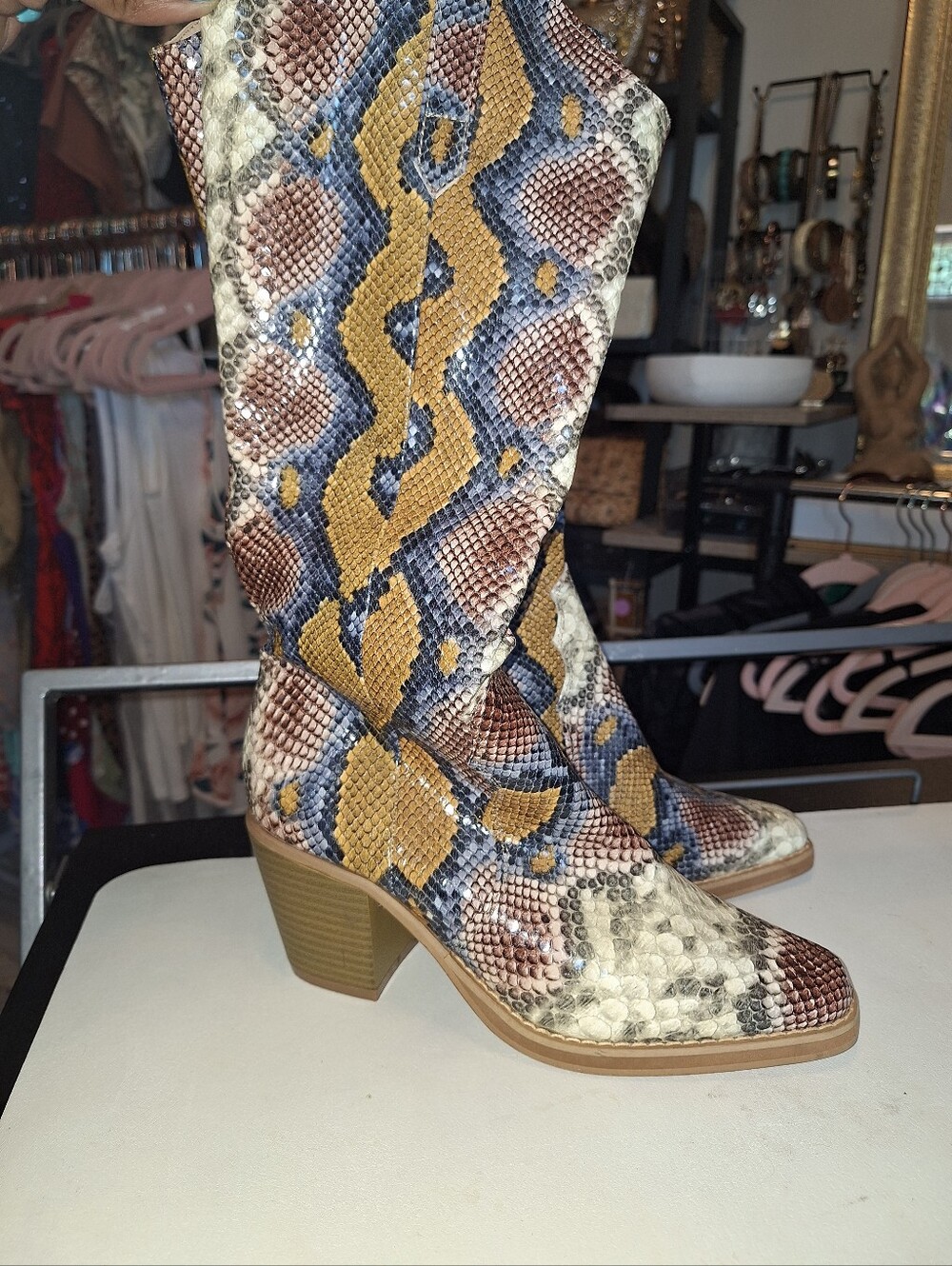 Source Unknown Snake-Print Mid-Calf Heeled Boots in Mustard, Brown & Cream